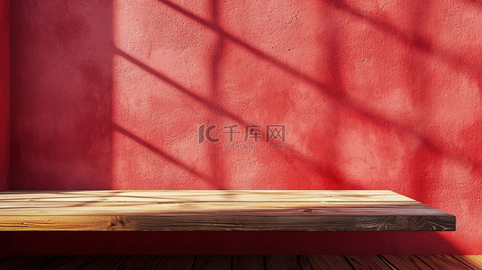 红色墙壁空木台面新年电商大促设计图