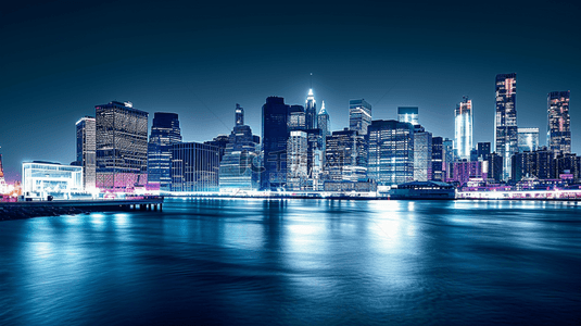 蓝色夜晚时尚现代化沿海城市背景图10