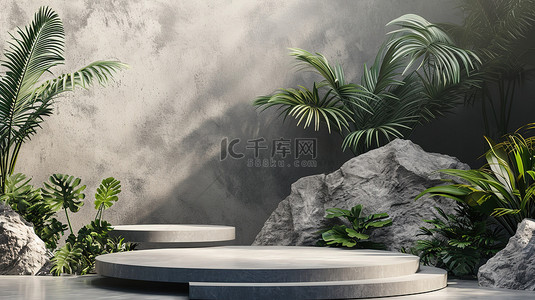 岩石和植物3D电商产品展台背景图