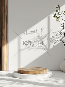 艺术背景素材背景图片_白色墙壁木板电商展台背景素材