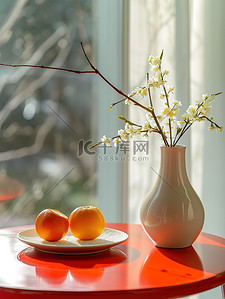 春节气氛背景图片_新年春节布置的桌子花瓶素材