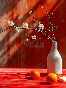 红色的桌子背景图片_新年春节布置的桌子花瓶背景