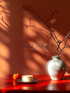 红色的桌子背景图片_新年春节布置的桌子花瓶背景图片