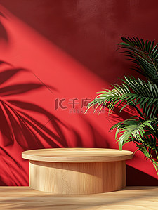 大红色水杯背景图片_红色墙壁植物电商展台背景图片