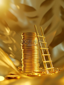 金色的梯子放在一堆金币上设计