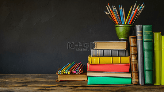 绿叶桌面背景图片_黑色背景下木质桌面摆放书本文具的图片9