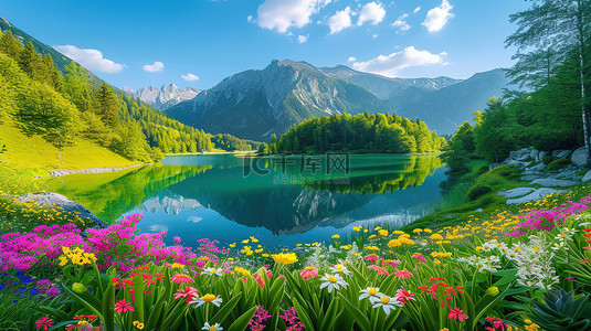 春天花朵环绕着湖泊背景图片