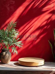 植物墙壁背景图片_红色墙壁植物电商展台图片