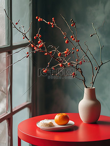 春节气氛背景图片_新年春节布置的桌子花瓶背景图