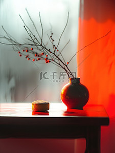 春节气氛背景图片_新年春节布置的桌子花瓶设计图