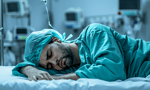 男性手术服医生瘫倒在病床上