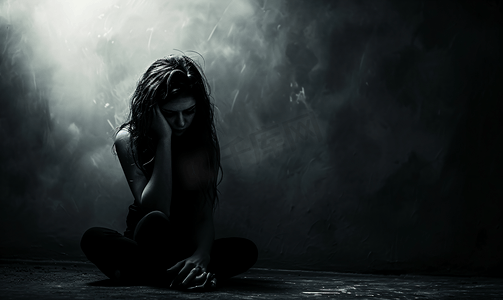 郁闷图片摄影照片_在黑暗中抑郁的女性