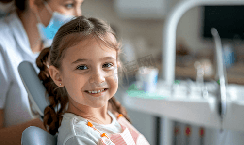 牙医椅摄影照片_牙医椅可爱的小女孩和牙科医生