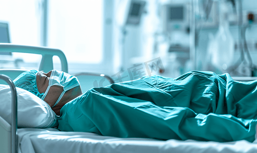 手术服图片摄影照片_男性手术服医生瘫倒在病床上