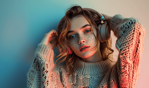 冬季护肤摄影照片_穿着毛衣的美女带耳机听音乐