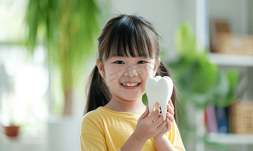 小女孩为身体提供清洁的矿泉水摄影照片_手拿牙齿模型的小女孩