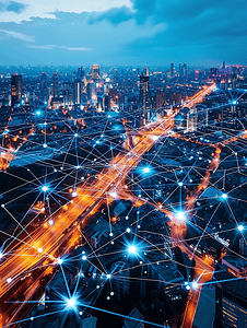 科技流动线摄影照片_科技城市背景的5G网络无线通信技术网络连接智能城市