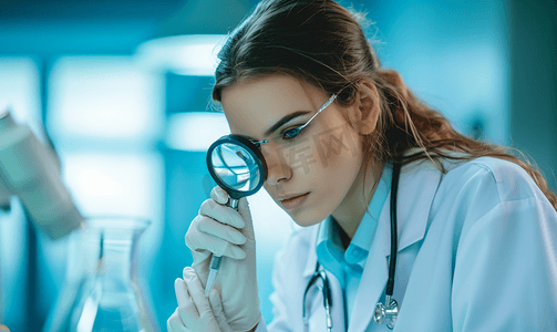 科学家人物摄影照片_年轻女医疗科研人员用放大镜查验药品