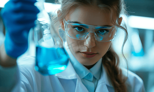 女科学家手拿烧杯观察蓝色液体
