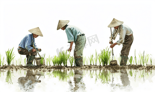 农民伯伯水稻摄影照片_插秧的农民伯伯们