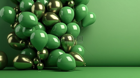 充满活力的节日背景，带有逼真的 3D 绿色气球