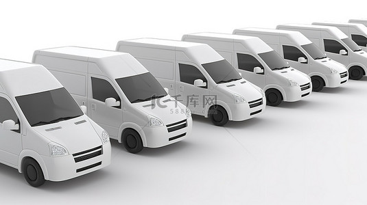 白色背景上一系列无品牌白色货车的 3D 插图