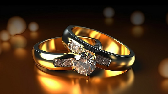具有两颗钻石金戒指的光泽背景的 3D 渲染