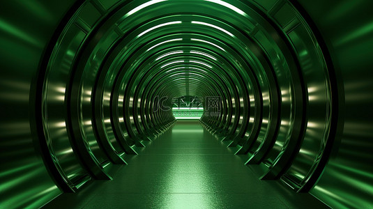 3D 渲染的讲台位于绿色金属隧道反射光的中心