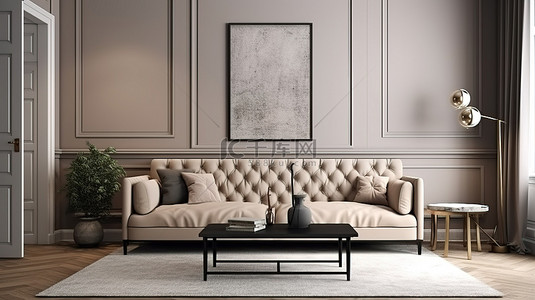 现代客厅配有大沙发 3D 渲染的内部场景和框架模型
