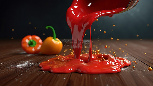 番茄酱飞溅和辣椒粉 3D 渲染和插图