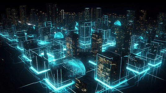大科技数据背景图片_智能城市概念未来全息现代城市的 3D 渲染