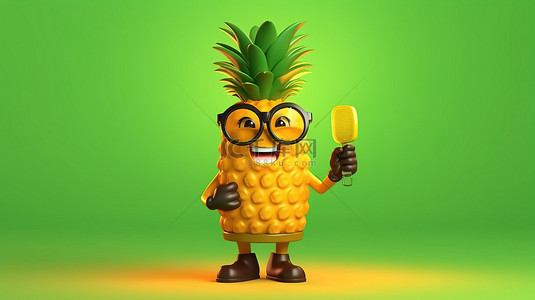 黄色卡通食品背景图片_一个古怪而有趣的 3D 渲染吉祥物，其特征是一个时髦的菠萝人，在欢快的黄色背景下时尚地举着交通绿灯