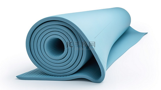 蓝色的瑜伽垫背景图片_在白色背景下以 3D 方式卷起蓝色瑜伽垫