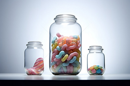 一个空玻璃罐，里面装满了各种颜色的糖果