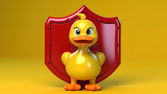 充满活力的黄色背景上带有红色金属盾的可爱黄色卡通鸭的 3D 渲染