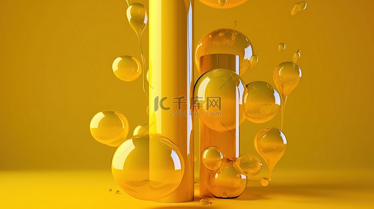 3d 渲染中黄色和透明抽象管的悬浮液滴和泡泡球创意设计墙纸