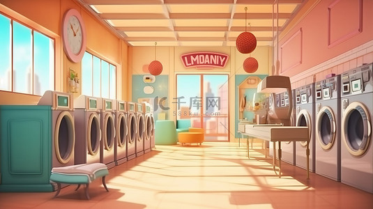 洗衣服务背景图片_带模型洗衣机的投币式洗衣服务的 3D 卡通插图