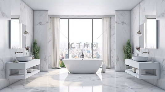 镜面地板背景图片_现代浴室的豪华 3D 插图，配有白色大理石墙壁镜面水槽和浴缸