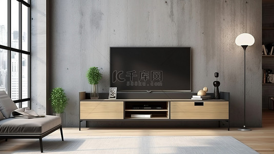 时尚的电视控制台，配有电视，位于别致的阁楼公寓 3D 渲染图像