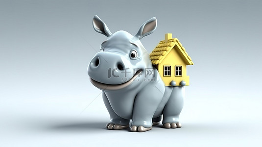 卡通动物房子背景图片_异想天开的犀牛吉祥物抓住了一个主页图标