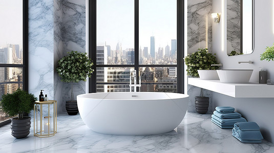 光滑的大理石桌面通过 3D 渲染的浴缸内部增强了现代浴室的质感