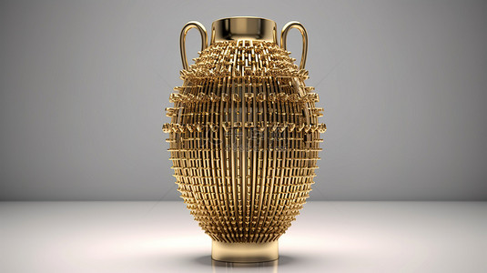 民族的精神背景图片_金色安芙兰花瓶，带有飞镖和柳条设计，3D 渲染，由白色背景上的流明照亮