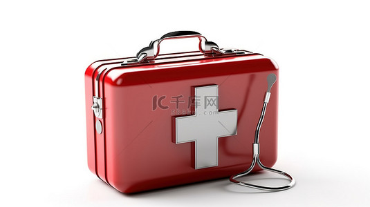 医疗卫生服务背景图片_孤立急救箱和带问号的白色背景的 3D 插图