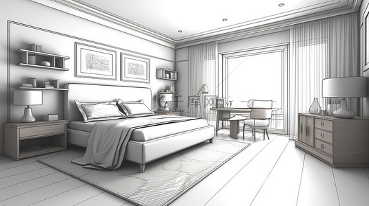 时尚卧室的 3D 插图，配有床桌椅和衣柜设计