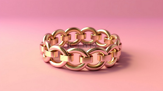 项链戒指耳环背景图片_粉红色背景上金手镯闪闪发光的 3D 渲染
