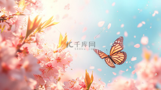 粉红色樱花和飞翔的蝴蝶设计图