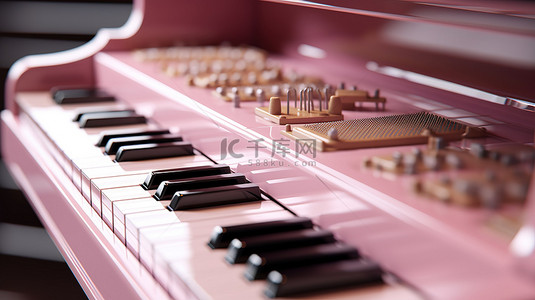 有钢琴的背景背景图片_粉色钢琴的特写，上面有键盘和音符