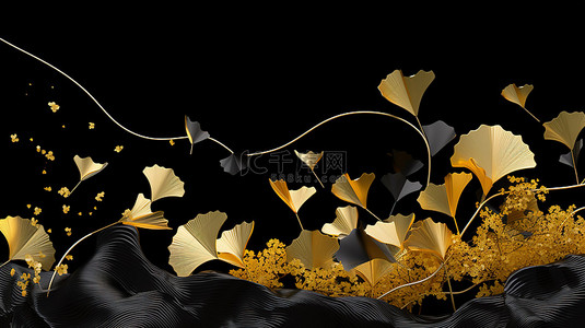 3d 黑色背景上带彩色银杏叶的金鹿是帆布艺术杰作
