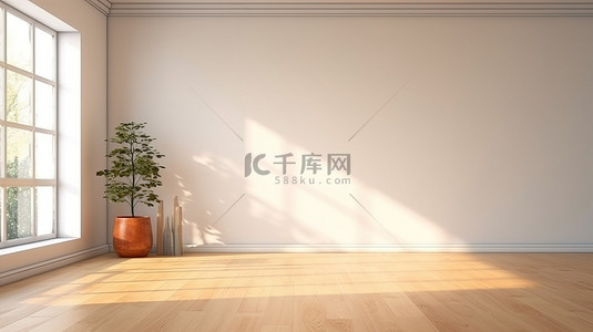 皮影戏房子背景图片_空白画布是空墙的模型，带有阳光照射的阴影木地板和窗户视图 3D 插图