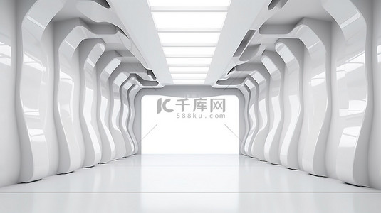 大厅样机背景图片_带有金属墙的抽象未来派大厅，3D 渲染模型中明亮白色屏幕的前视图